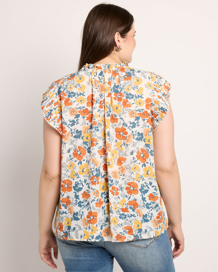 Pleated Slv w/Tie Floral Top Mustard $|& VOY Los Angeles Floral Pleated Sleeve Top with Tie - SOF Back