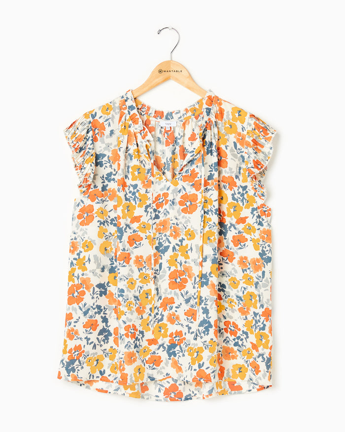Pleated Slv w/Tie Floral Top Mustard $|& VOY Los Angeles Floral Pleated Sleeve Top with Tie - Hanger Detail