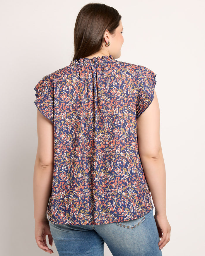 Navy $|& VOY Los Angeles Floral Pleated Sleeve Top with Tie - SOF Back