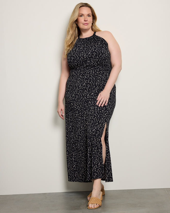 Black Taupe Print $|& Gilli Plus Halter Neck Elastic Waist Maxi Dress - SOF Front