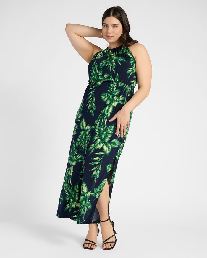 Navy Green Palm $|& Gilli Plus Halter Neck Elastic Waist Maxi Dress - SOF Front