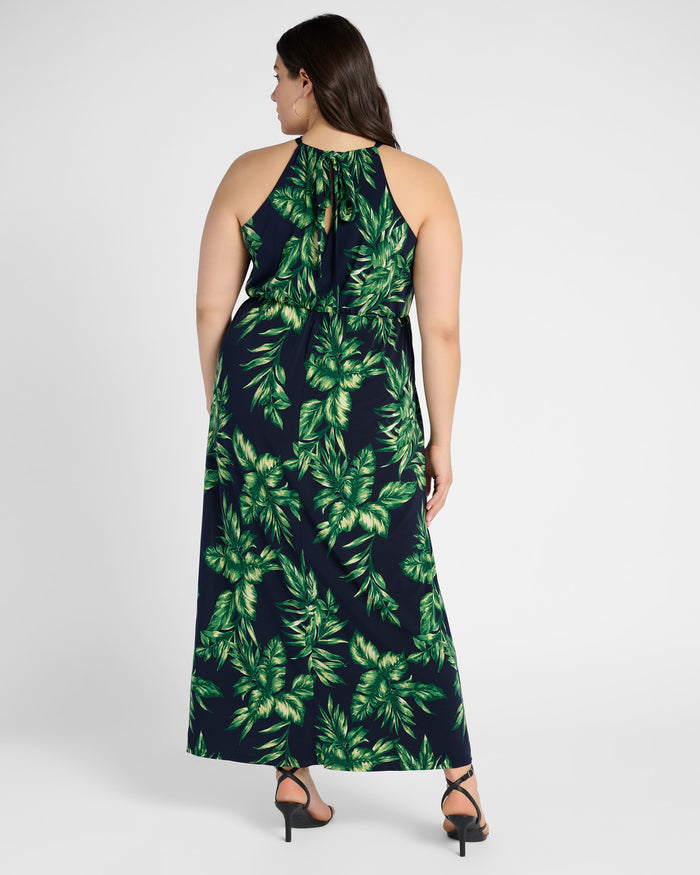 Navy Green Palm $|& Gilli Plus Halter Neck Elastic Waist Maxi Dress - SOF Back