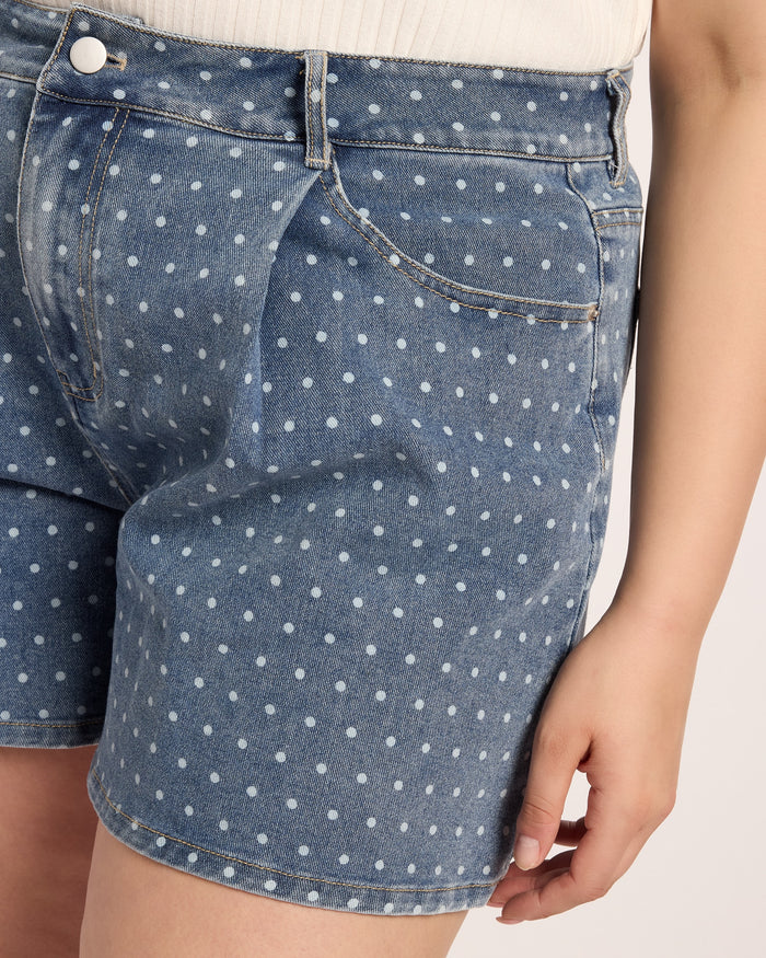 Medium Wash $|& Cloud Ten Polka Dot Pleated Denim Shorts - SOF Full Front
