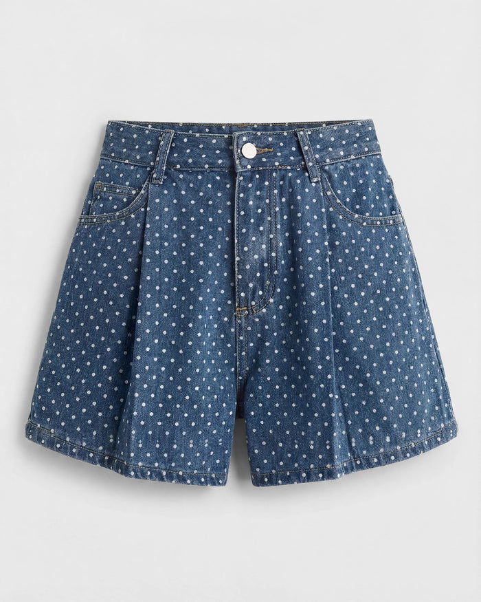 Medium Wash $|& Cloud Ten Polka Dot Pleated Denim Shorts - Hanger Detail