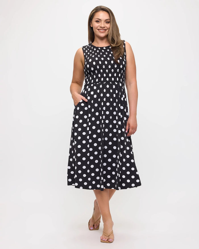 Black Polka Dot $|& West Kei Printed Knit Smocked Dress - VOF Detail