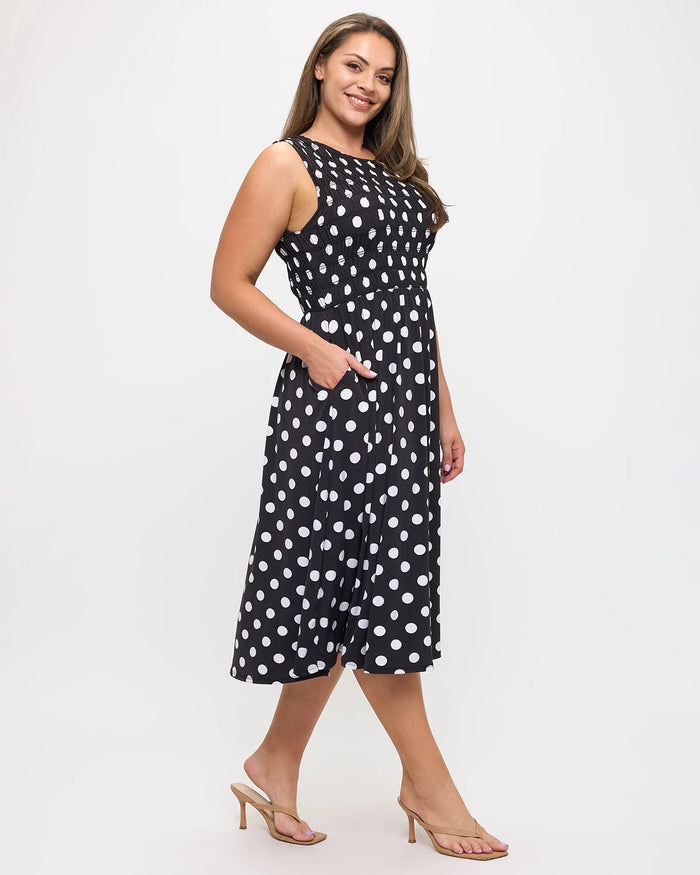 Black Polka Dot $|& West Kei Printed Knit Smocked Dress - Hanger Front