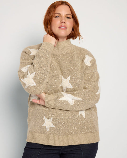 Taupe Star $|& Bobeau Printed Turtleneck Sweater - SOF Front