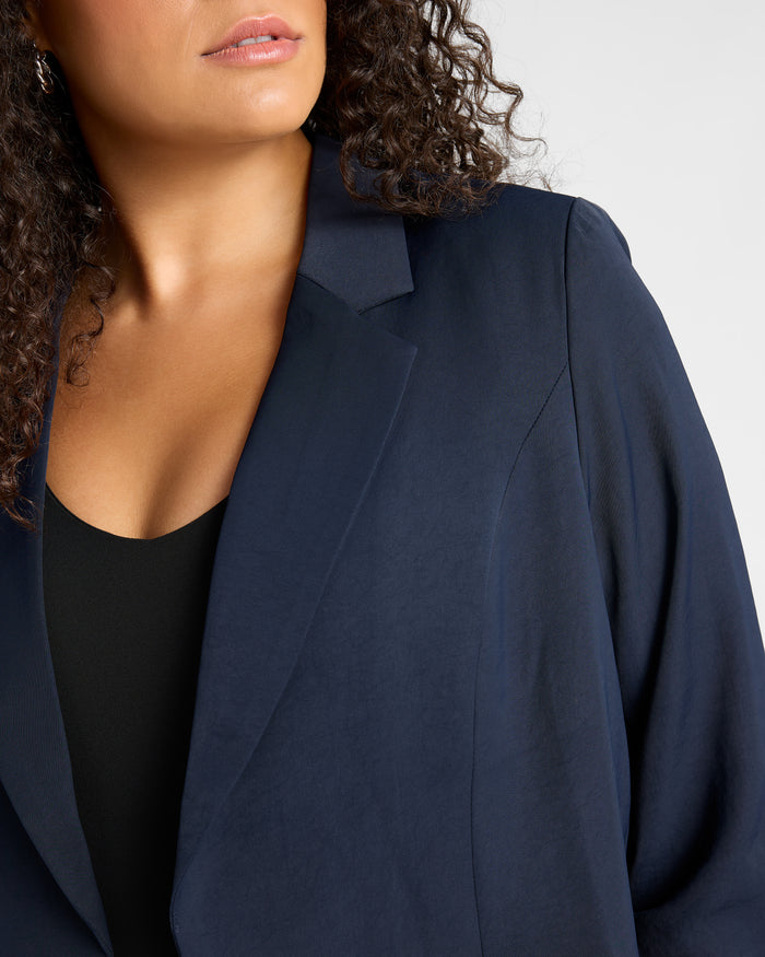 Navy $|& Skies Are Blue Recycled Shirred Sleeve Blazer - SOF Detail