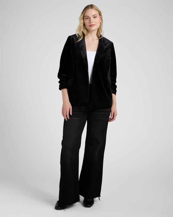 Black $|& Skies Are Blue Ruched Sleeve Velvet Blazer - SOF Full Front