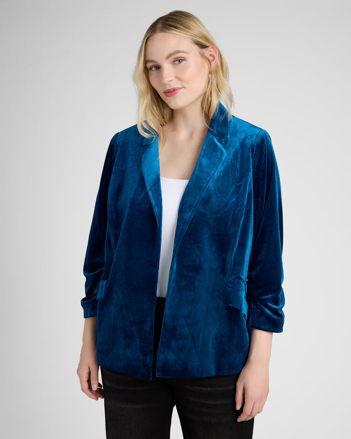 Teal $|& Skies Are Blue Ruched Sleeve Velvet Blazer - SOF Front
