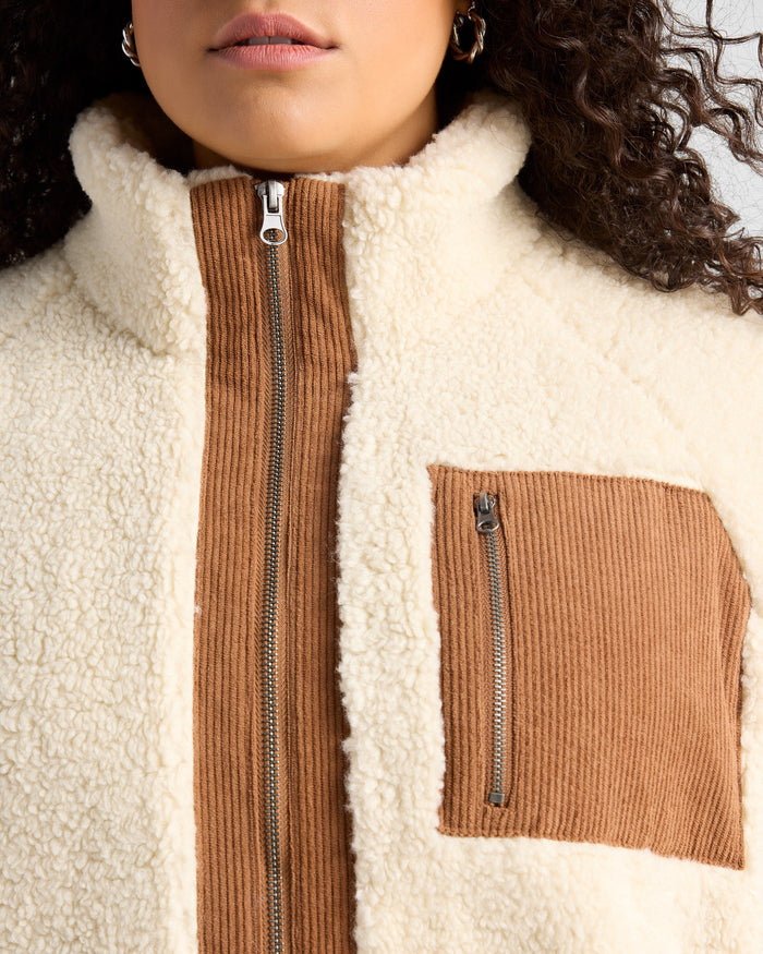 Cream/Brown $|& Herizon Sherpa Jacket withCorduroy Pocket - SOF Detail