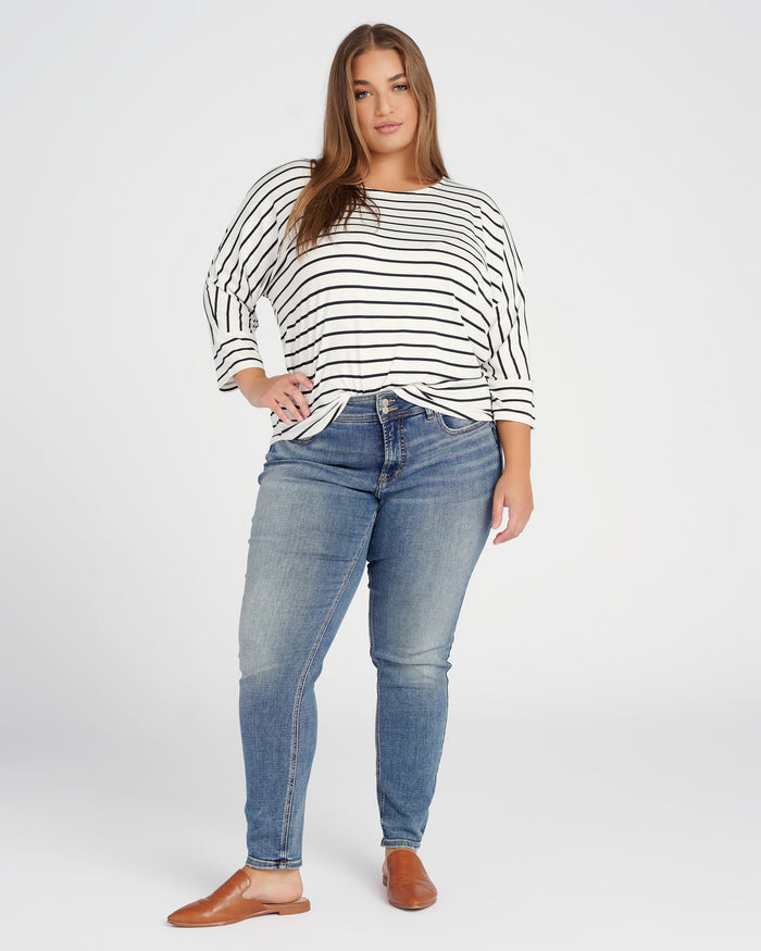 Ivory/Black $|& Bobeau 3/4 Sleeve Striped Butter Knit Dolman Tee - SOF Full Front