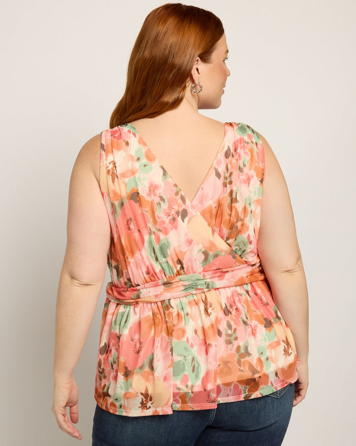 Blush Bouquet Mesh $|& Loveappella Sleeveless Floral Wrap Peplum Top - SOF Back