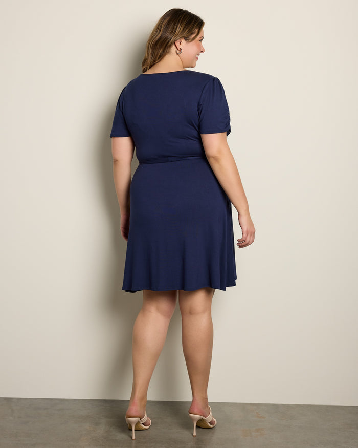 Navy $|& Loveappella Solid Short Sleeve Wrap Dress - SOF Back