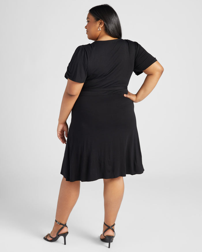 Solid Short Sleeve Wrap Dress Black $|& Loveappella Solid Short Sleeve Wrap Dress - SOF Back