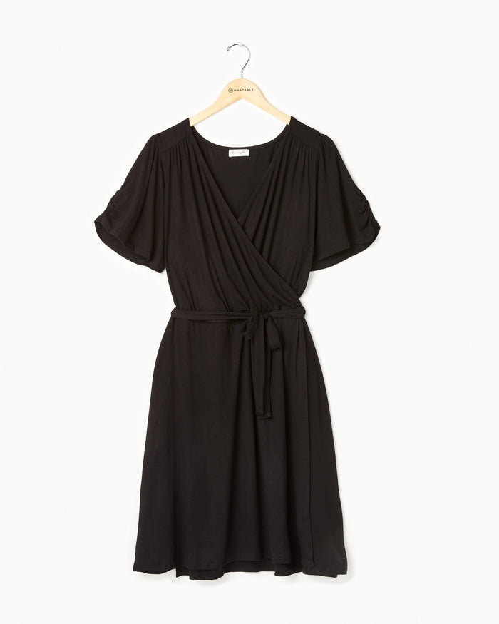 Solid Short Sleeve Wrap Dress Black $|& Loveappella Solid Short Sleeve Wrap Dress