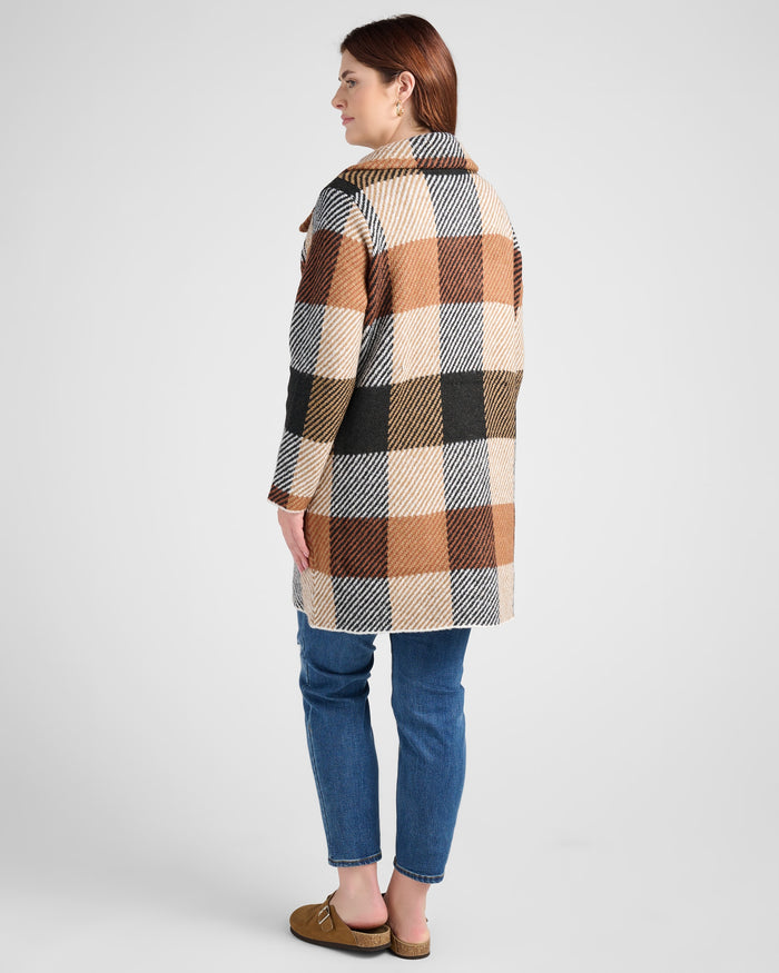 Tan Big Checker $|& OneWorld Sweater Coatigan - SOF Back