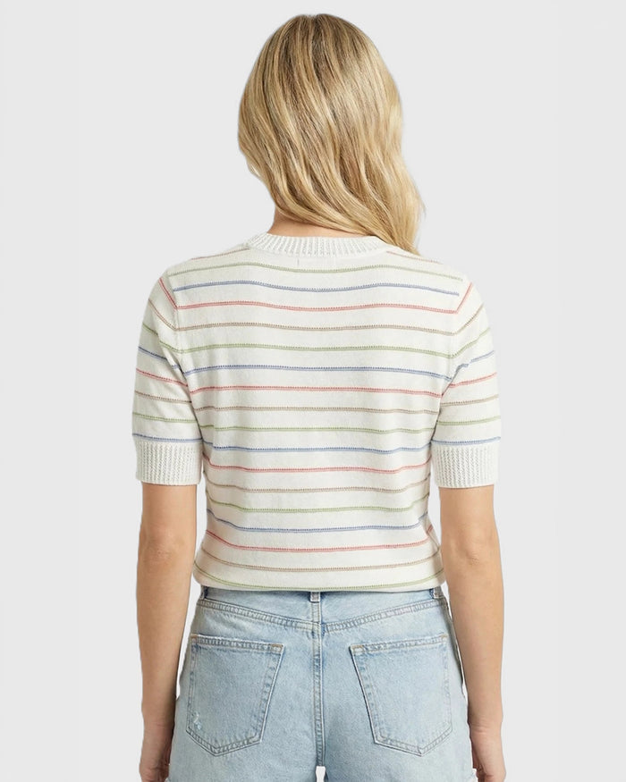 Orange/Taupe $|& Staccato Pointelle Striped Crew Neck Sweater - Hanger Side