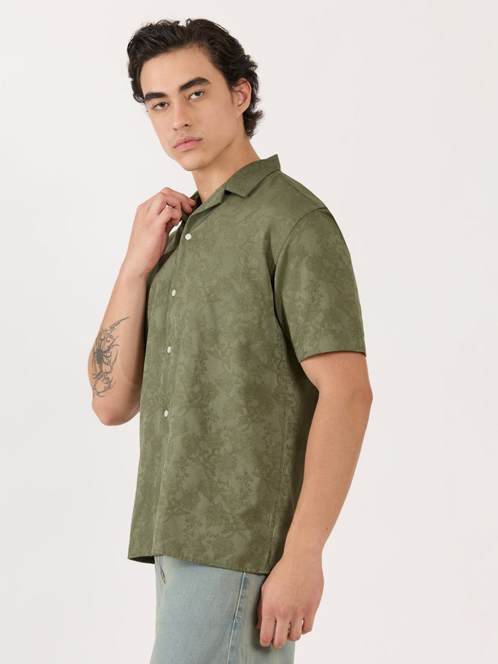 Men's Embroidered Cuban Collar Shirt - green