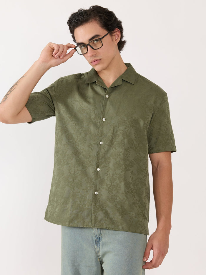Men's Embroidered Cuban Collar Shirt - green