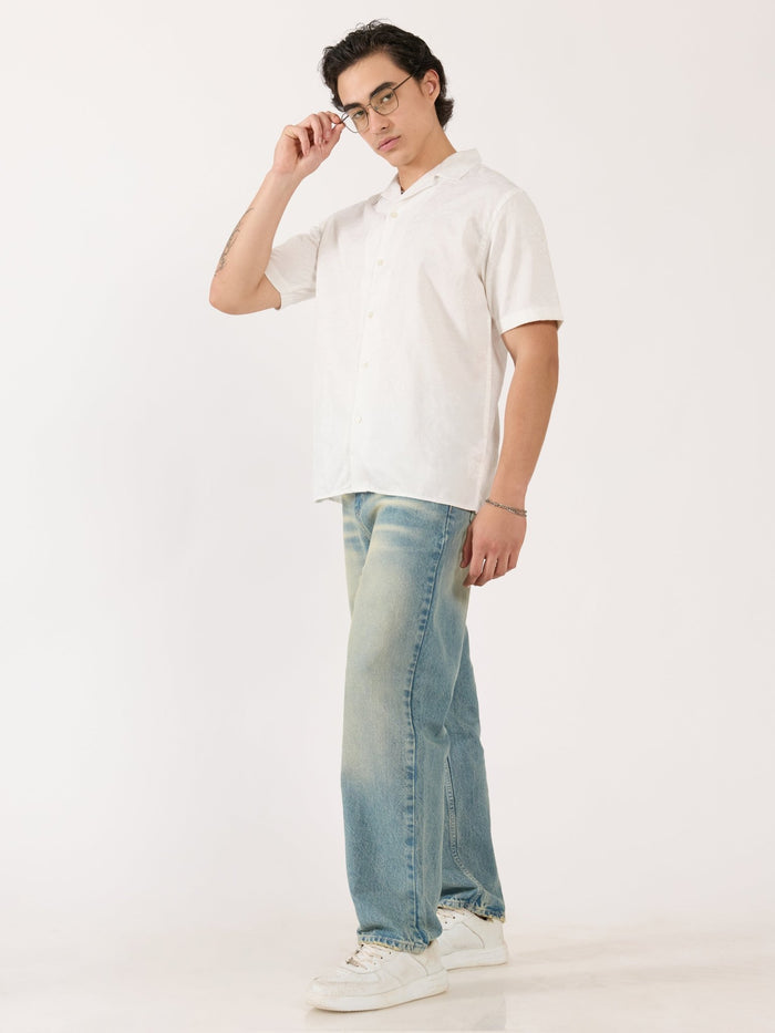 Men's Embroidered Cuban Collar Shirt - white