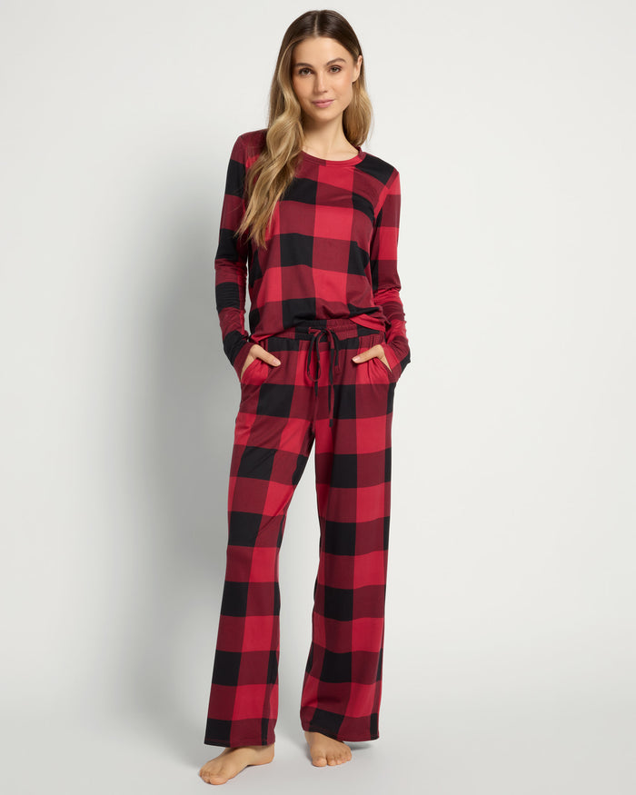 Red/Black Plaid $|& Bobeau Sleepwear Printed Butter Knit Long Sleeve Top & Pant