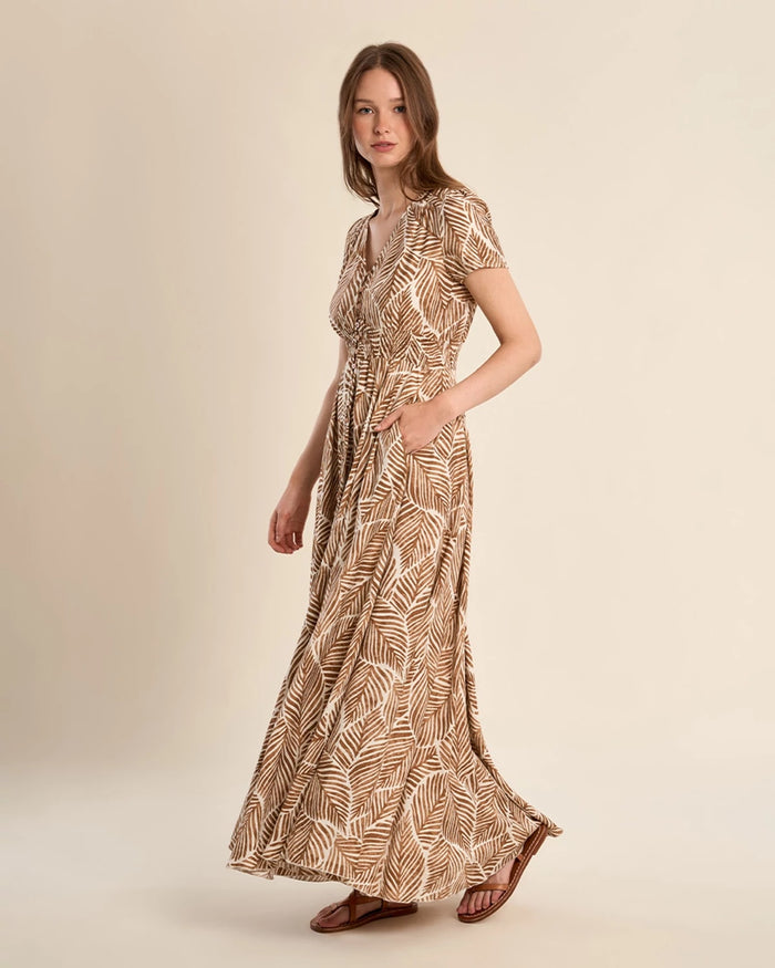 Camel Mathilde $|& Molly Bracken Printed Short Sleeve Maxi Dress - Hanger Front