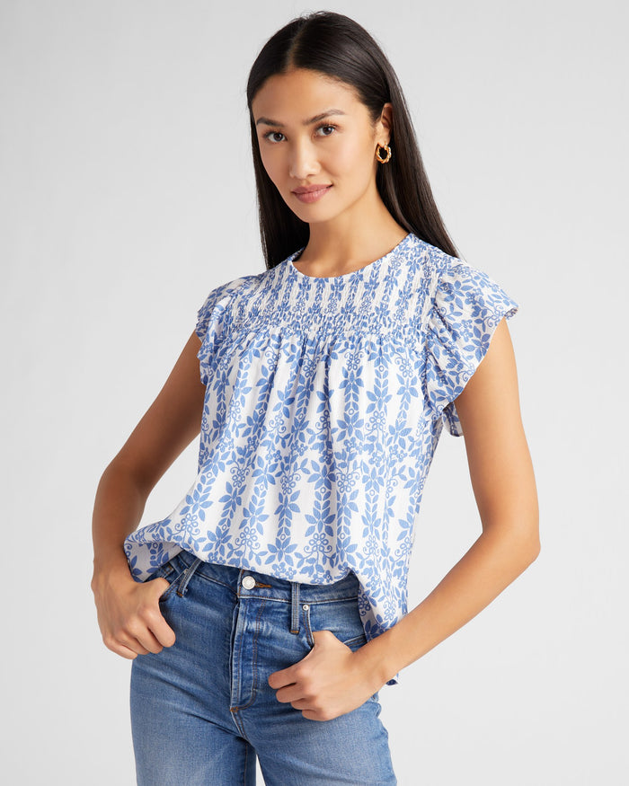 Blue $|& Skies Are Blue Printed Smocked Yoke Top - SOF Front