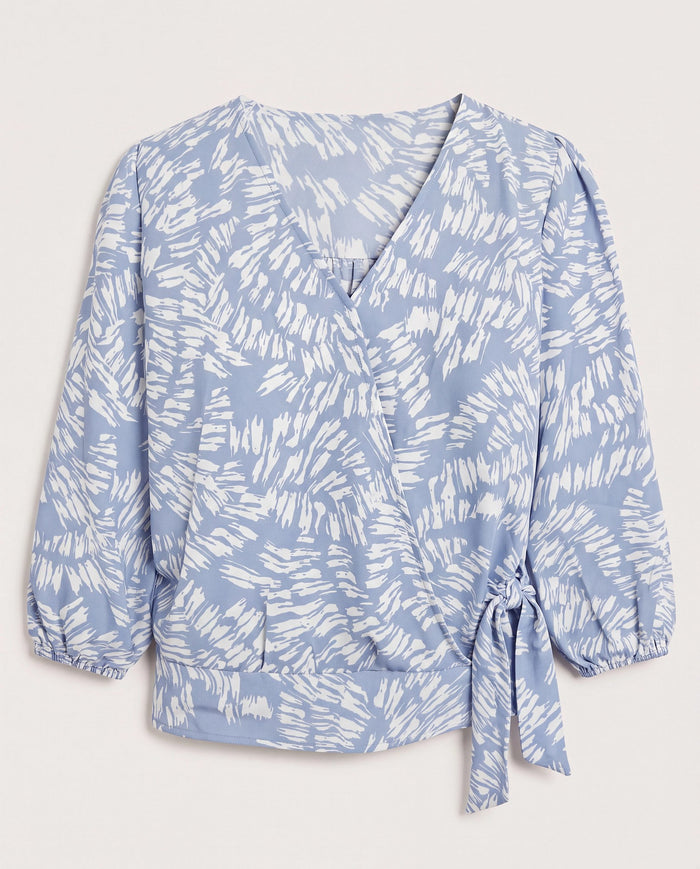 Light Blue/White $|& Beacon & Haven Printed Woven 3/4 Sleeve Surplice Blouse - Hanger Detail