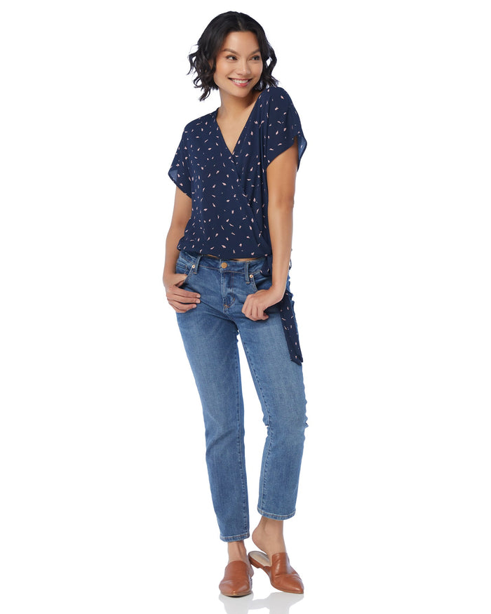 Deep Navy $|& West Kei Printed Woven Short Sleeve Surplice Top - SOF Full Front