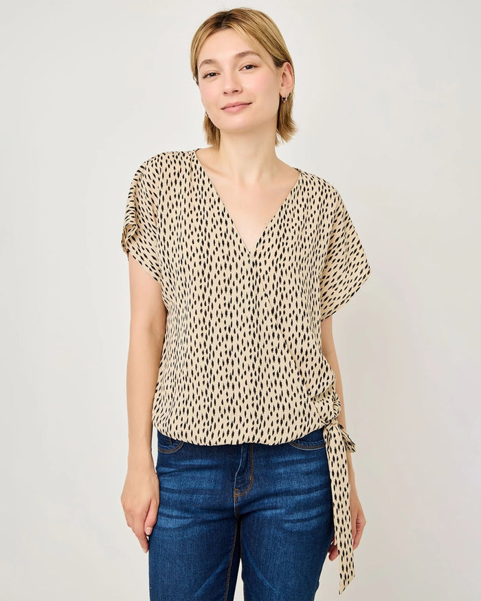 Beige Ikat $|& West Kei Printed Woven Short Sleeve Surplice Top - VOF Detail