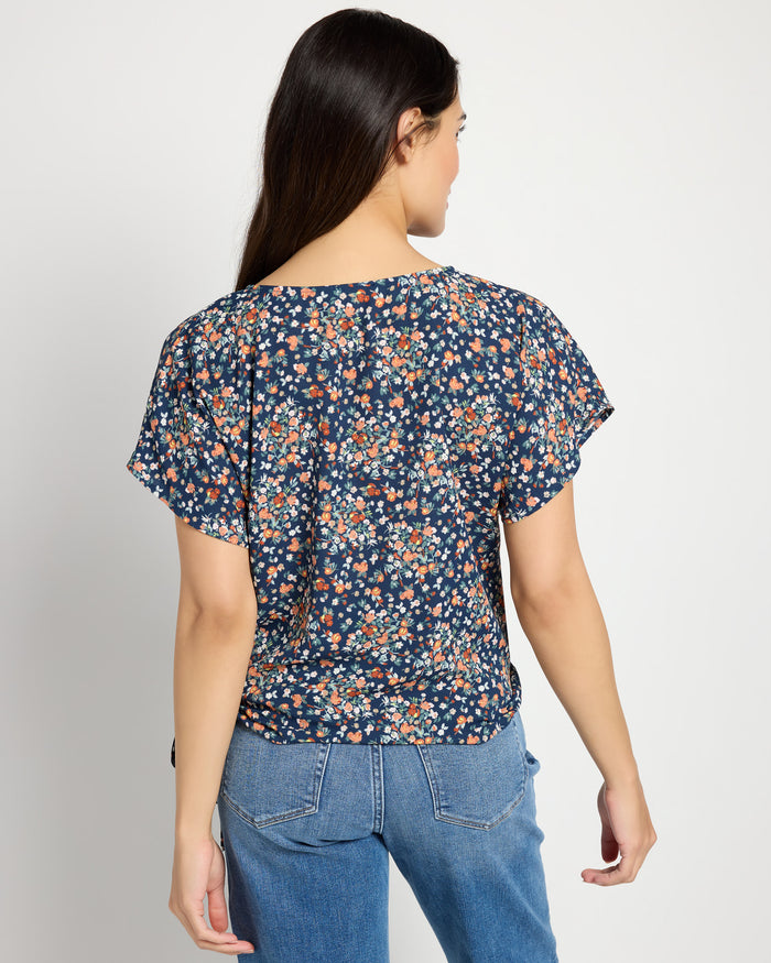 Teal/Yellow Daisy $|& West Kei Floral Woven Short Sleeve Surplice Top - SOF Back