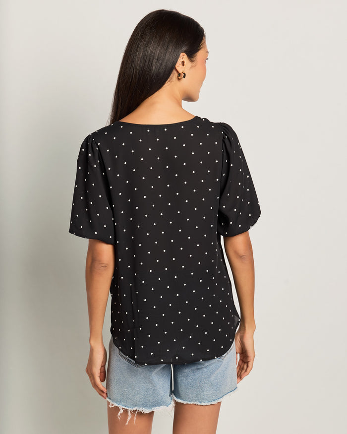 Black Dot $|& West Kei Printed Woven Short Sleeve Twist Front Top - SOF Back