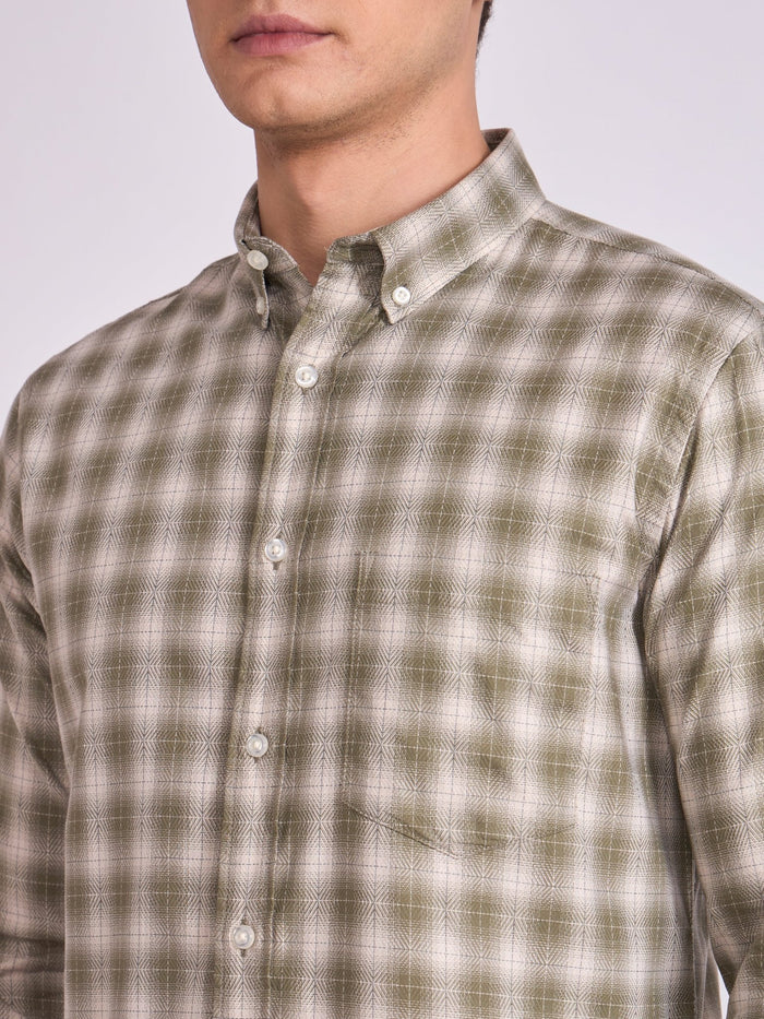 Man wearing a Olive green checkered shirt.