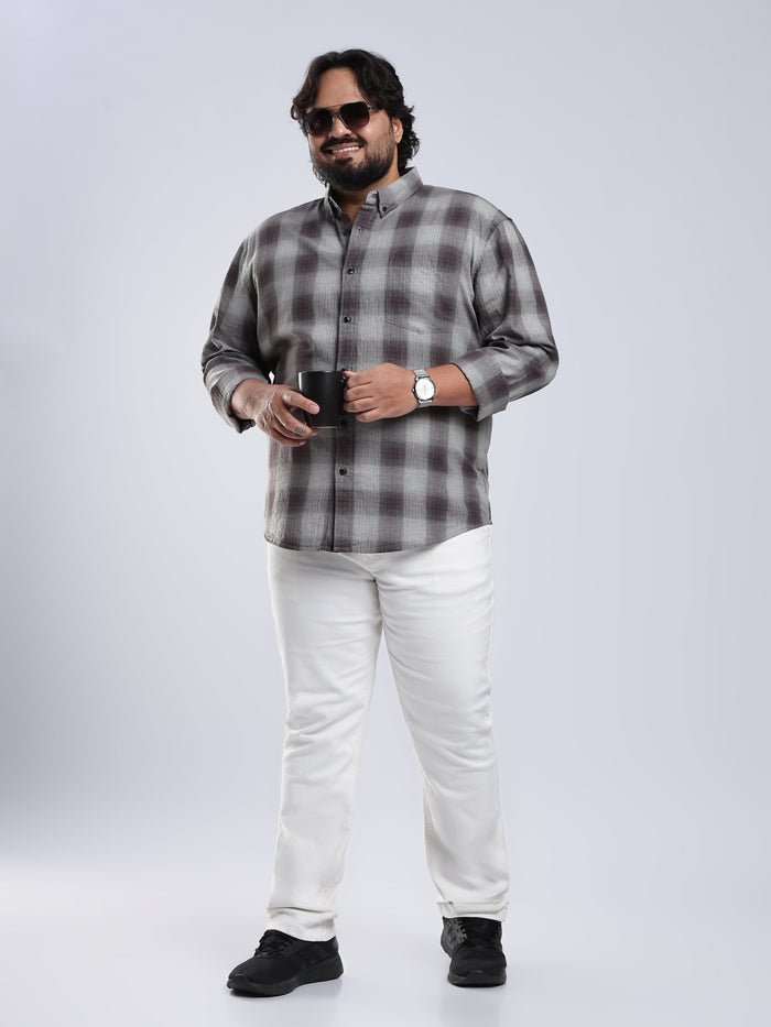 Rani - Relaxed Fit Checks Plus Size Shirt - Brown Grey