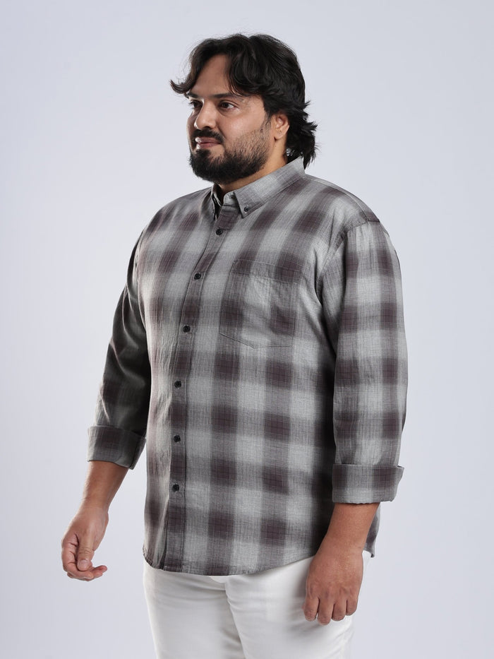 Rani - Relaxed Fit Checks Plus Size Shirt - Brown Grey