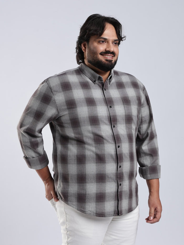 Rani - Relaxed Fit Checks Plus Size Shirt - Brown Grey