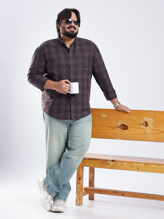 Rani - Relaxed Fit Checks Plus Size Shirt - Dark Plum