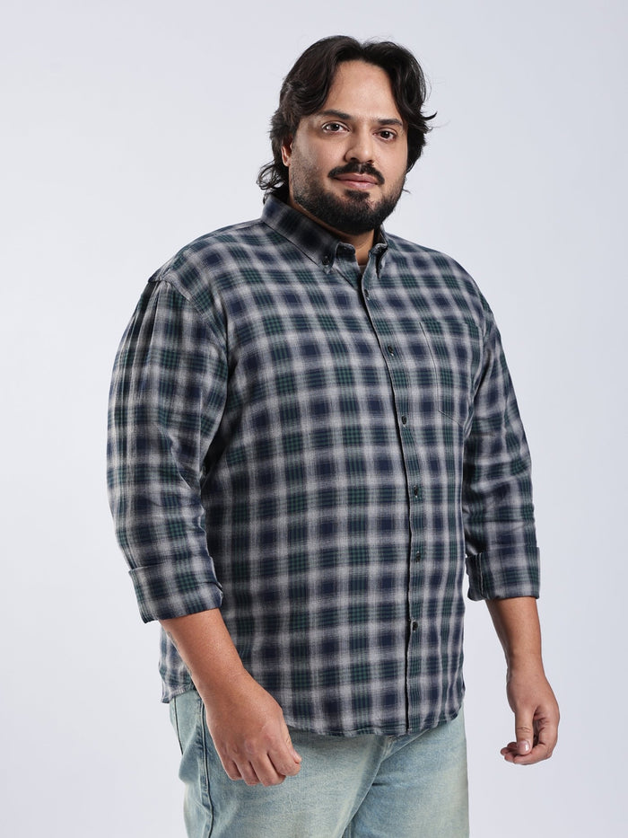 Rani - Relaxed Fit Checks Plus Size Shirt - Forest Green