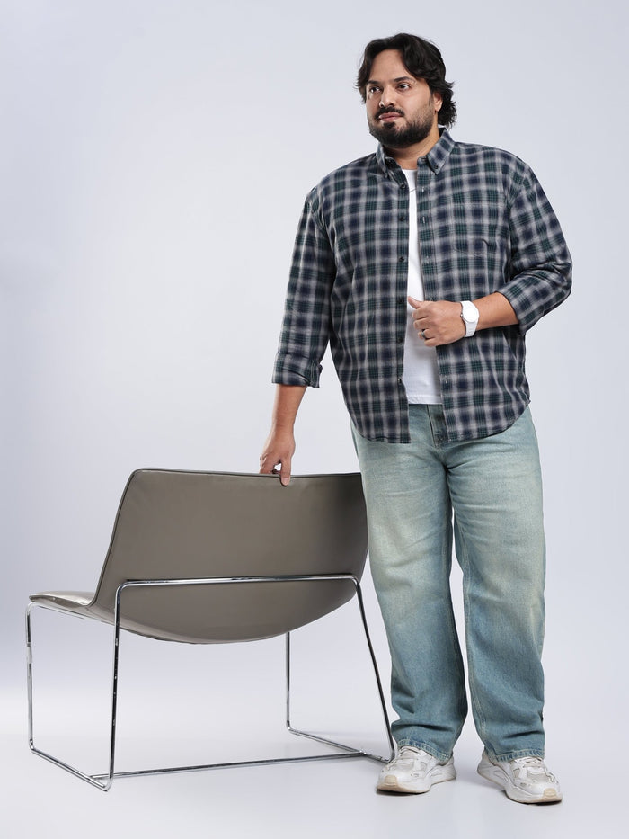 Rani - Relaxed Fit Checks Plus Size Shirt - Forest Green