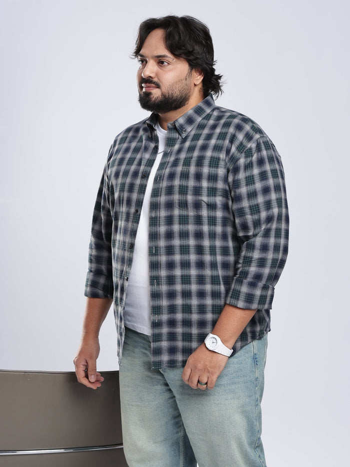 Rani - Relaxed Fit Checks Plus Size Shirt - Forest Green