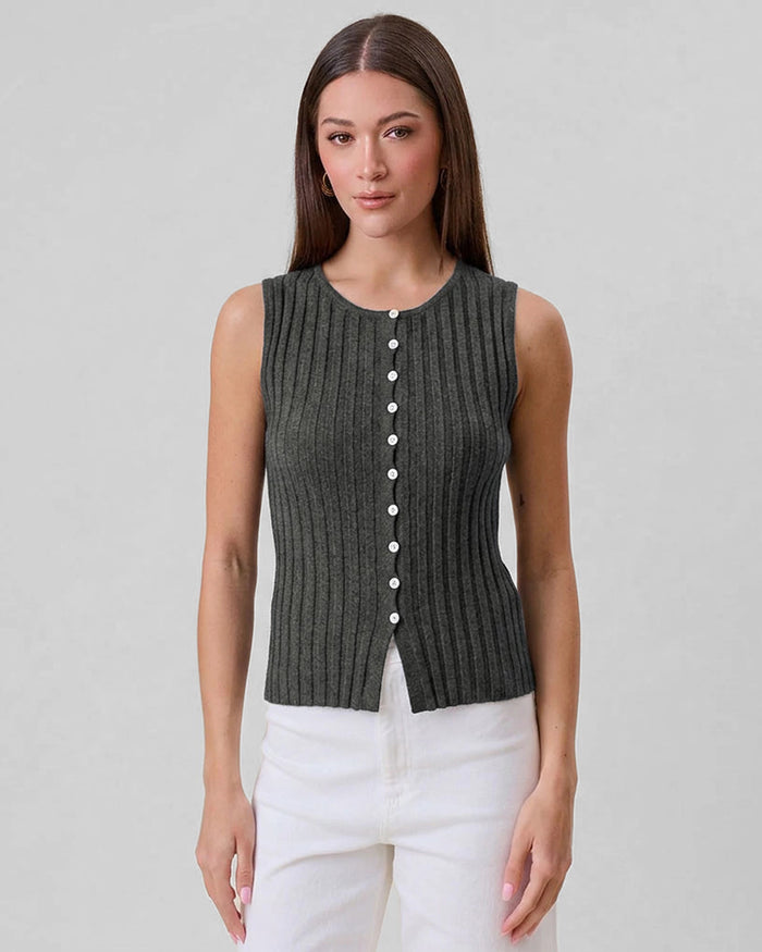 Charcoal $|& ABLE Ribbed Sleeveless Button Top - VOF Detail