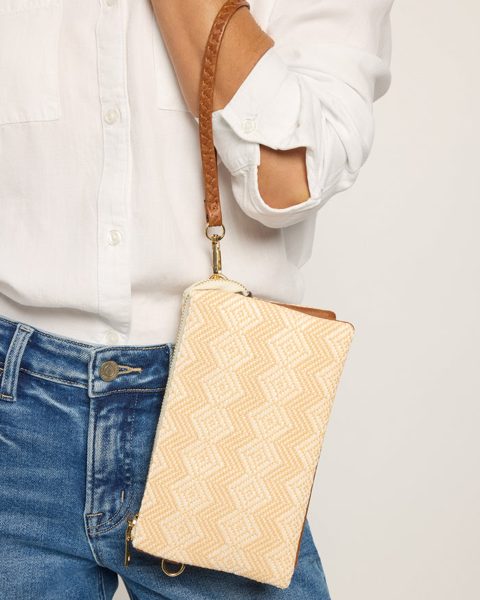 Beige $|& Jen & Co. Riley Woven Diamond Pattern Crossbody/Wristlet - SOF Full Front