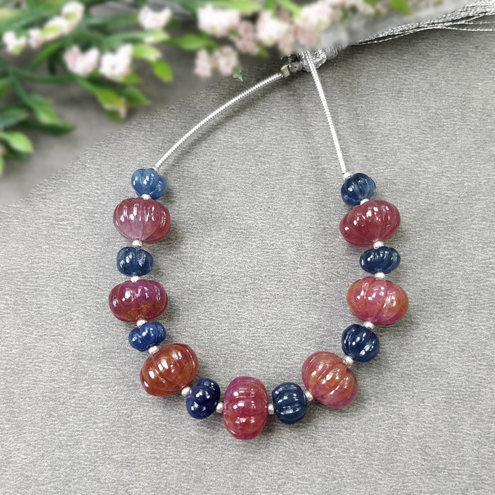 RUBY Blue SAPPHIRE Gemstone Carving Loose Beads : 69.25cts Natural Untreated Round Shape Hand Carved Melon Beads 6mm - 10.5mm