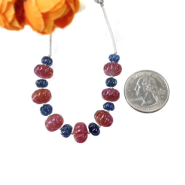RUBY Blue SAPPHIRE Gemstone Carving Loose Beads : 69.25cts Natural Untreated Round Shape Hand Carved Melon Beads 6mm - 10.5mm