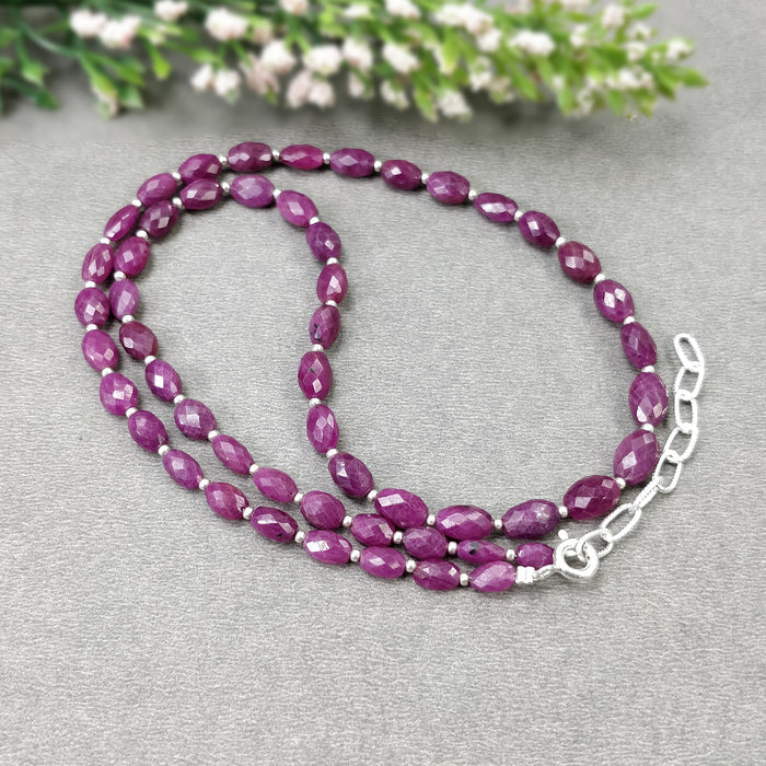 RUBY Gemstone Checker Cut NECKLACE : 15.84gms Natural Untreated Faceted Oval Shape Ruby With 925 Sterling Silver 5.5*4mm - 8.5*6m 17"