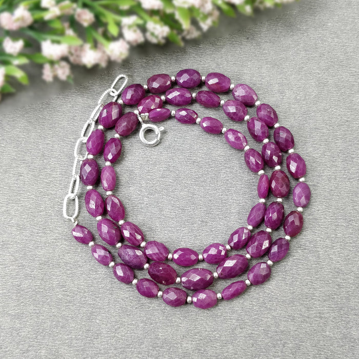 RUBY Gemstone Checker Cut NECKLACE : 15.84gms Natural Untreated Faceted Oval Shape Ruby With 925 Sterling Silver 5.5*4mm - 8.5*6m 17"
