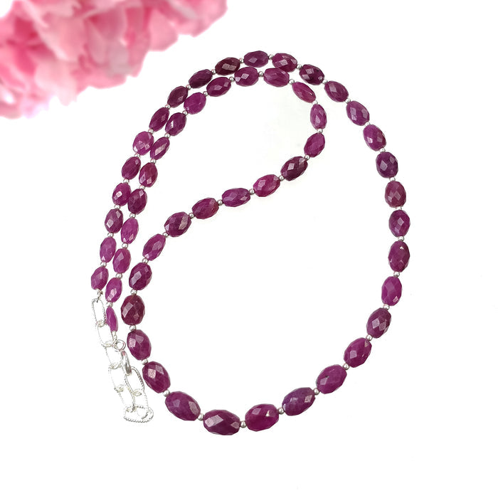 RUBY Gemstone Checker Cut NECKLACE : 15.84gms Natural Untreated Faceted Oval Shape Ruby With 925 Sterling Silver 5.5*4mm - 8.5*6m 17"