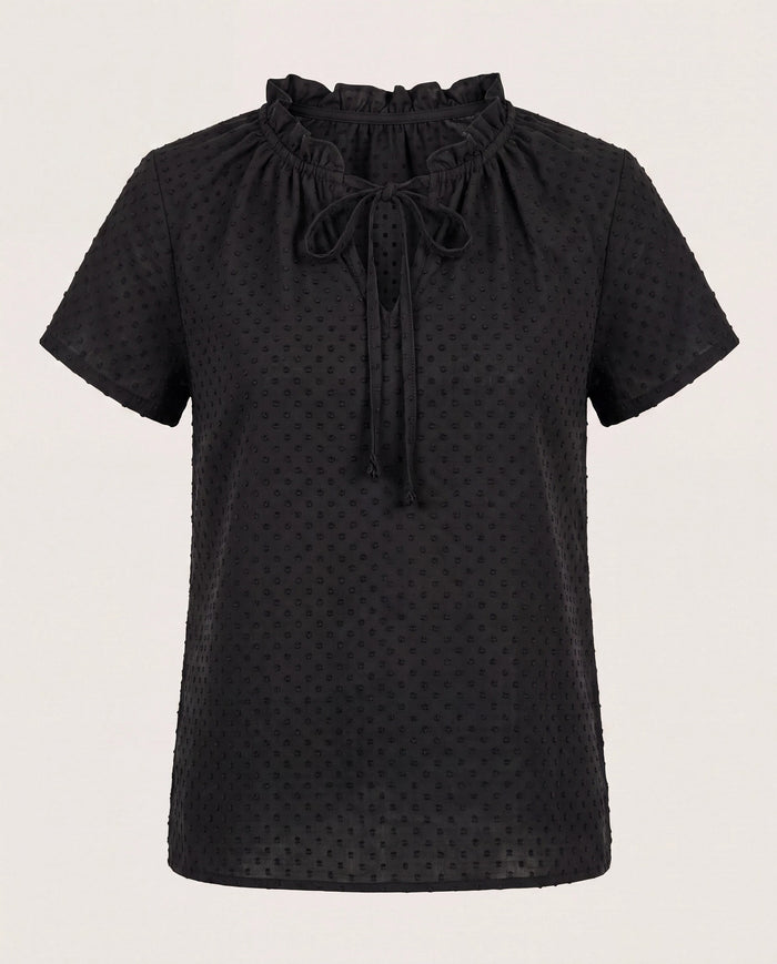 Black $|& Loveappella Ruffle Tie Short Sleeve Top - Hanger Detail