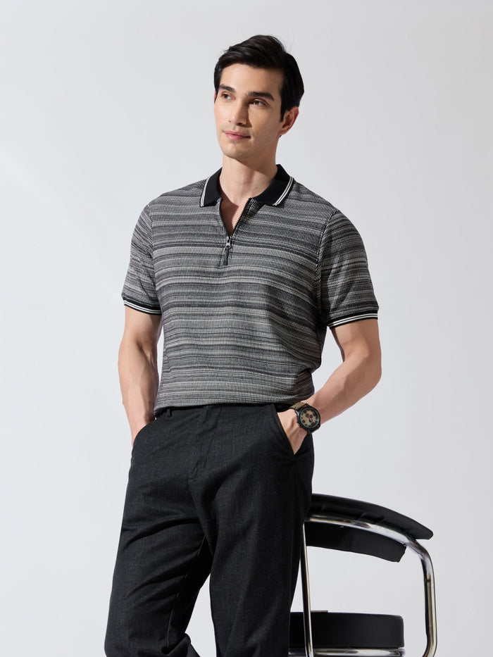 Rusel - Black Striped Half Zip Regular Polo T-Shirt